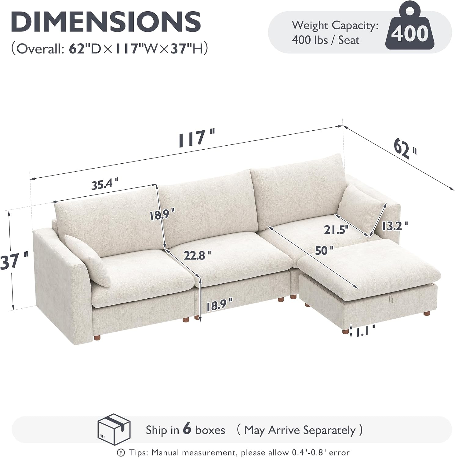 Ihanherry 117" Oversized Modular Sectional Sofa, Modern L Shaped Cloud Couch with Storage Ottoman, 4-Seat Comfy Chenille Deep Seat Sofa with 2 Pillows for Living Room, Beige
