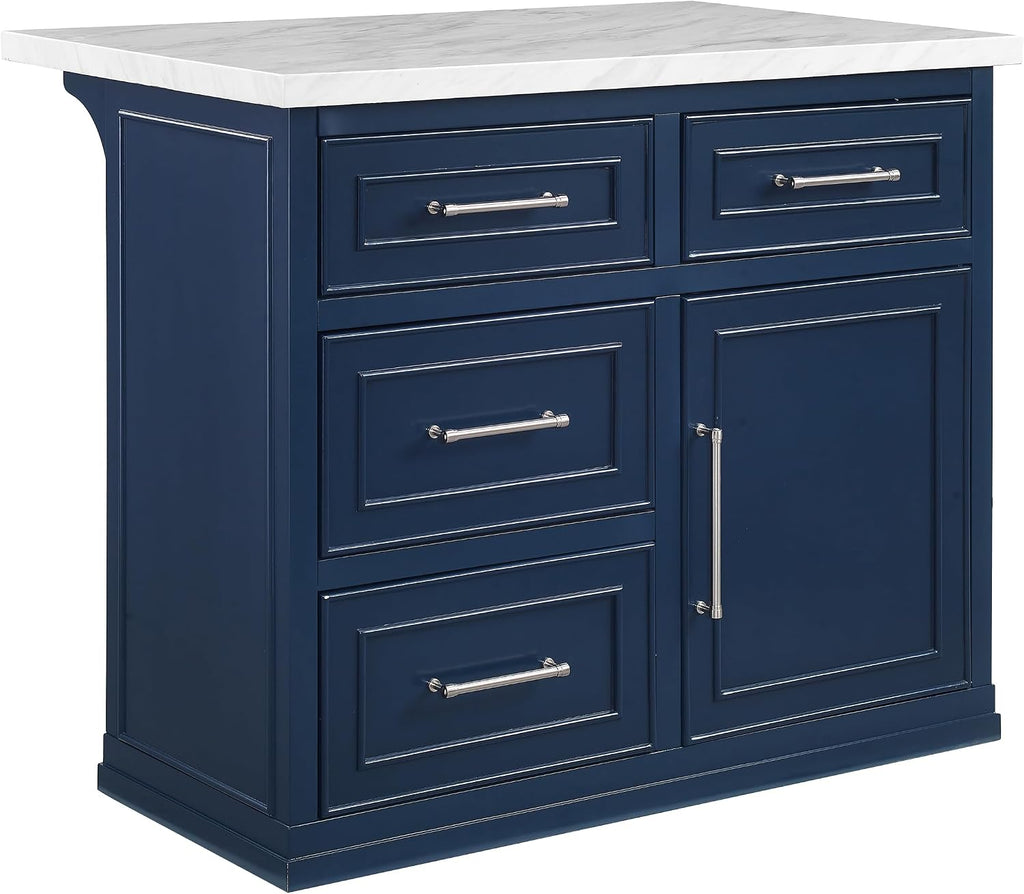 Crosley Furniture Cutler Faux Marble Top Kitchen Island with Storage, Breakfast Bar, Microwave Stand, Navy