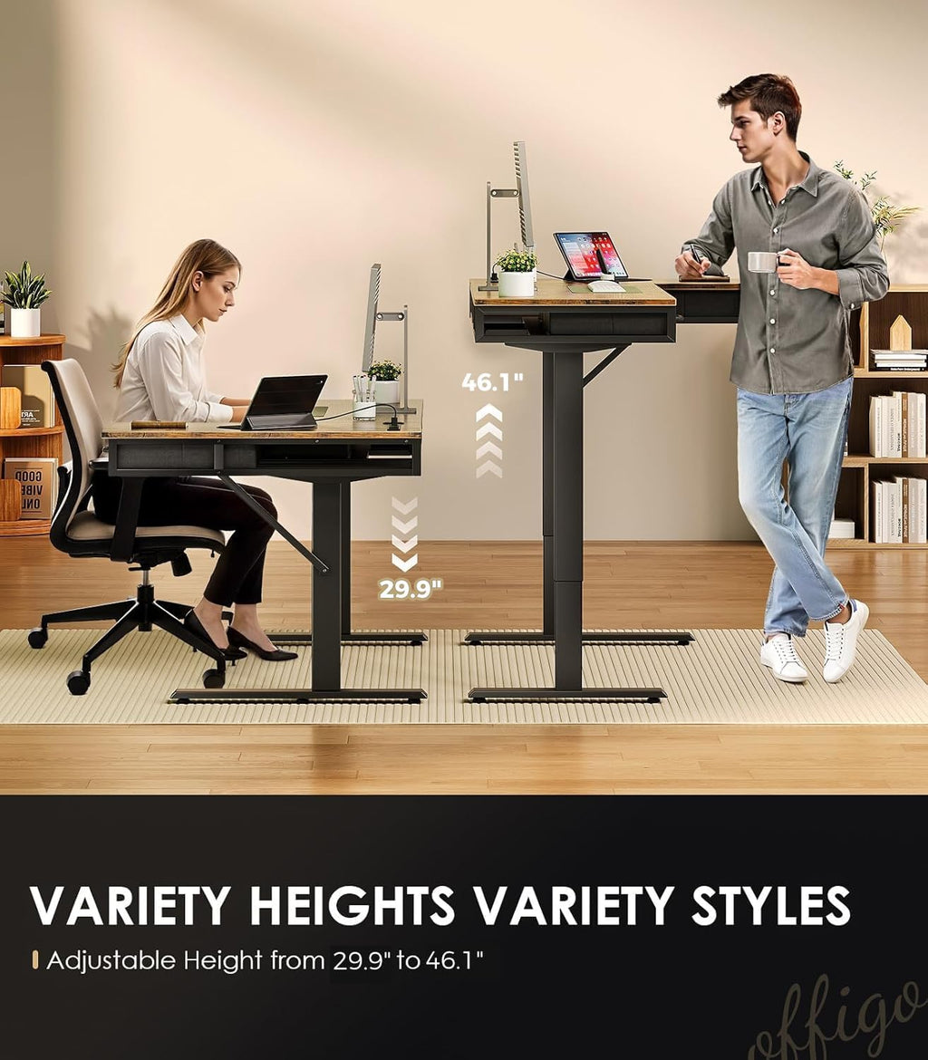 OffiGo 63 Inch L Shaped Electric Standing Desk with 4 Drawers, Rustic Brown | Reversible Corner Table, Office Desk With 4 Drawers and Outlets For Home Office, Computer Workstation And Sit Stand Use