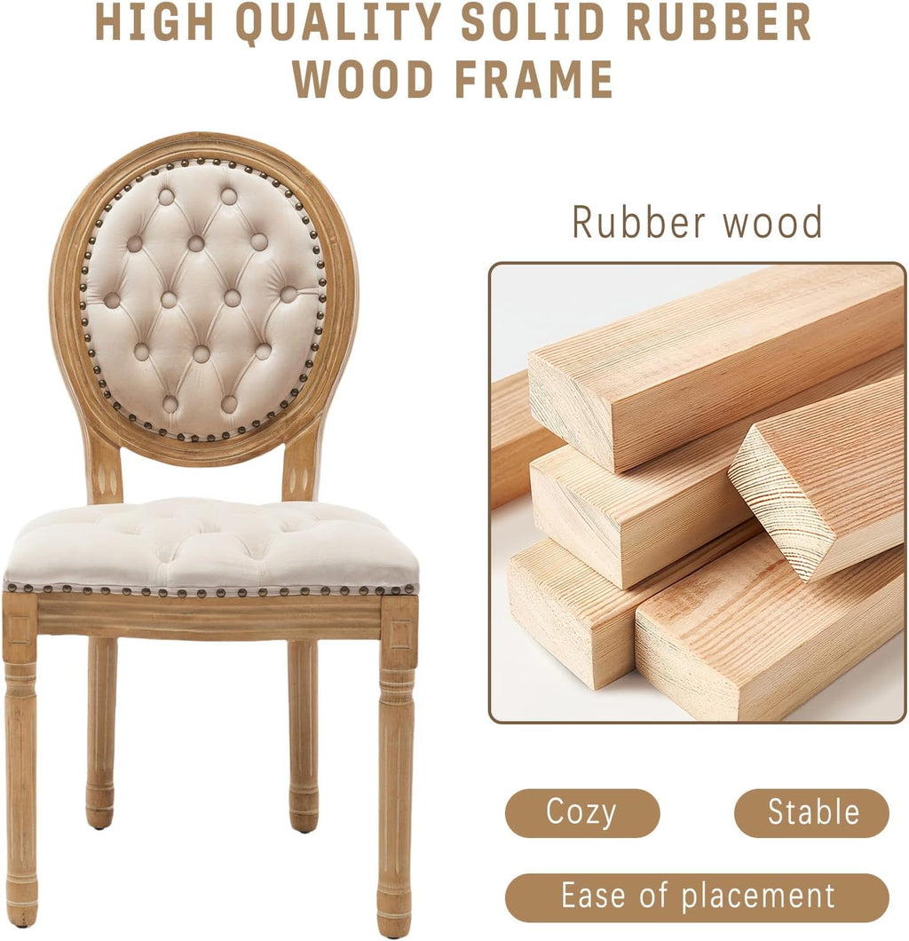 French Country Dining Chairs Set of 2,Upholstered Velvet Chairs with Round Back,Solid Wood Legs,for Living Room,Kitchen,Restaurant,Beige