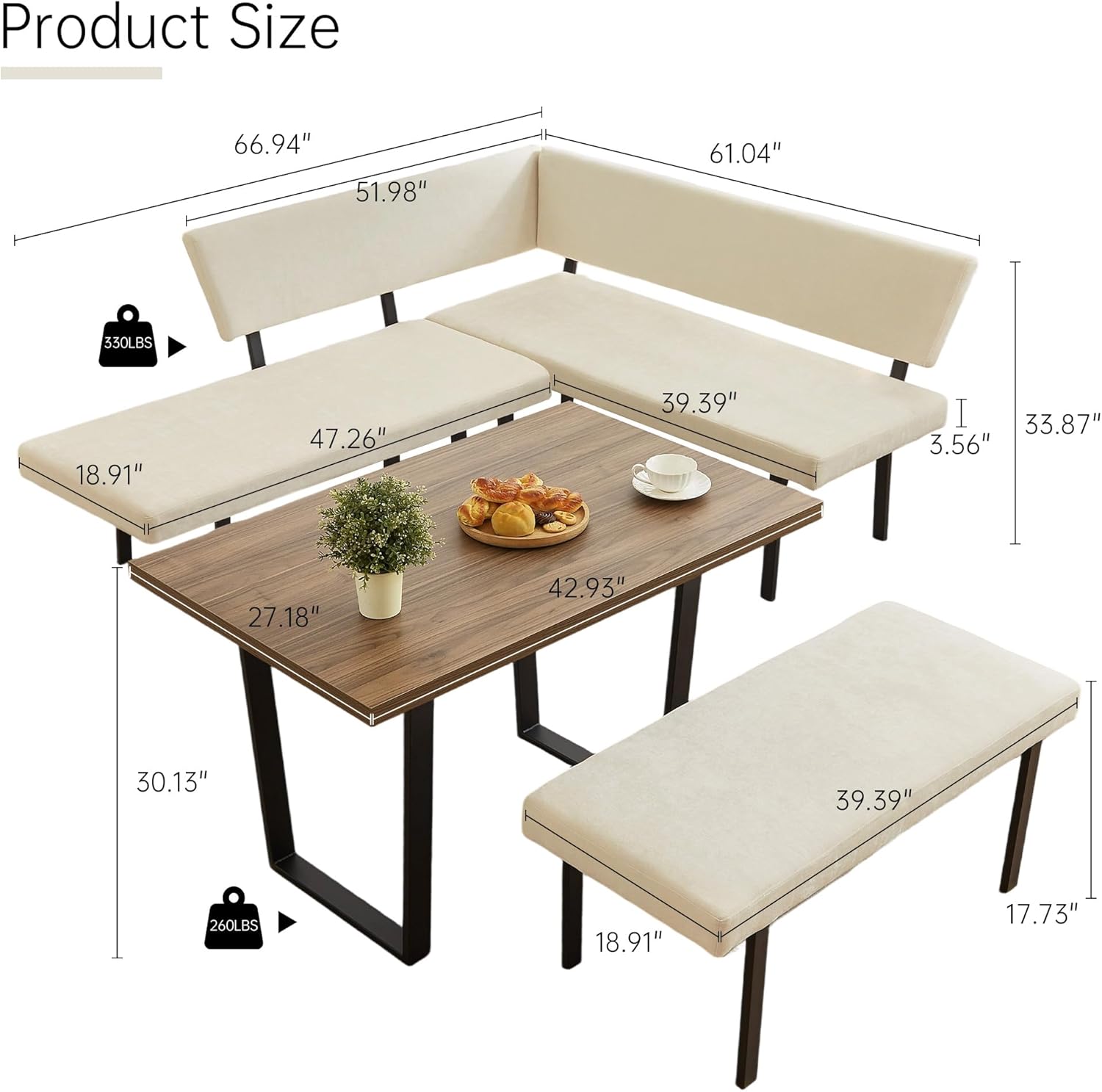 HIPIHOM 3-Piece Corner Dining Table Set with Bench, 67 Inch Space-Saving Breakfast Nook for Kitchen & Dining Room (Walnut Table & Beige Bench)