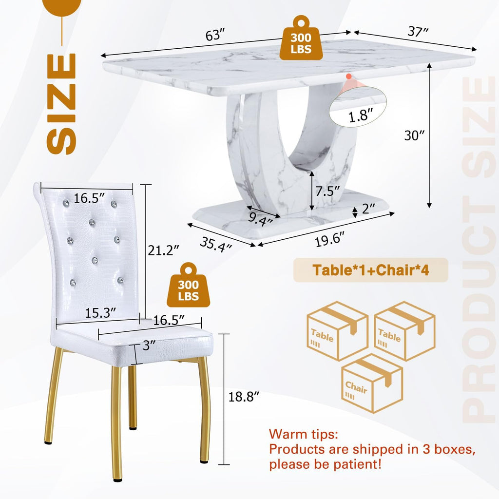 Modern Faux Marble Dining Table Set for 4, 63" White Rectangular Kitchen Table with Elegant U-Shaped Pedestal Base & 4 Tufted Upholstered High-Back Chairs, Luxury 7-Piece Dining Room Furniture Set