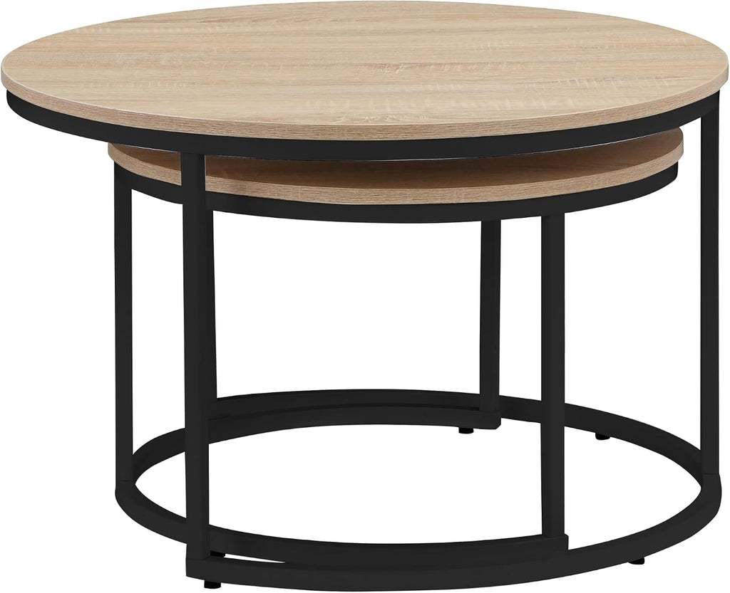 31.5 Inch Round Nesting Coffee Tables Set of 2, Oak‑Tone Stackable Side Tables with Sturdy Metal Legs, Space‑Saving Easy‑Assembly Accent Tables for Living Room
