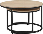 31.5 Inch Round Nesting Coffee Tables Set of 2, Oak‑Tone Stackable Side Tables with Sturdy Metal Legs, Space‑Saving Easy‑Assembly Accent Tables for Living Room