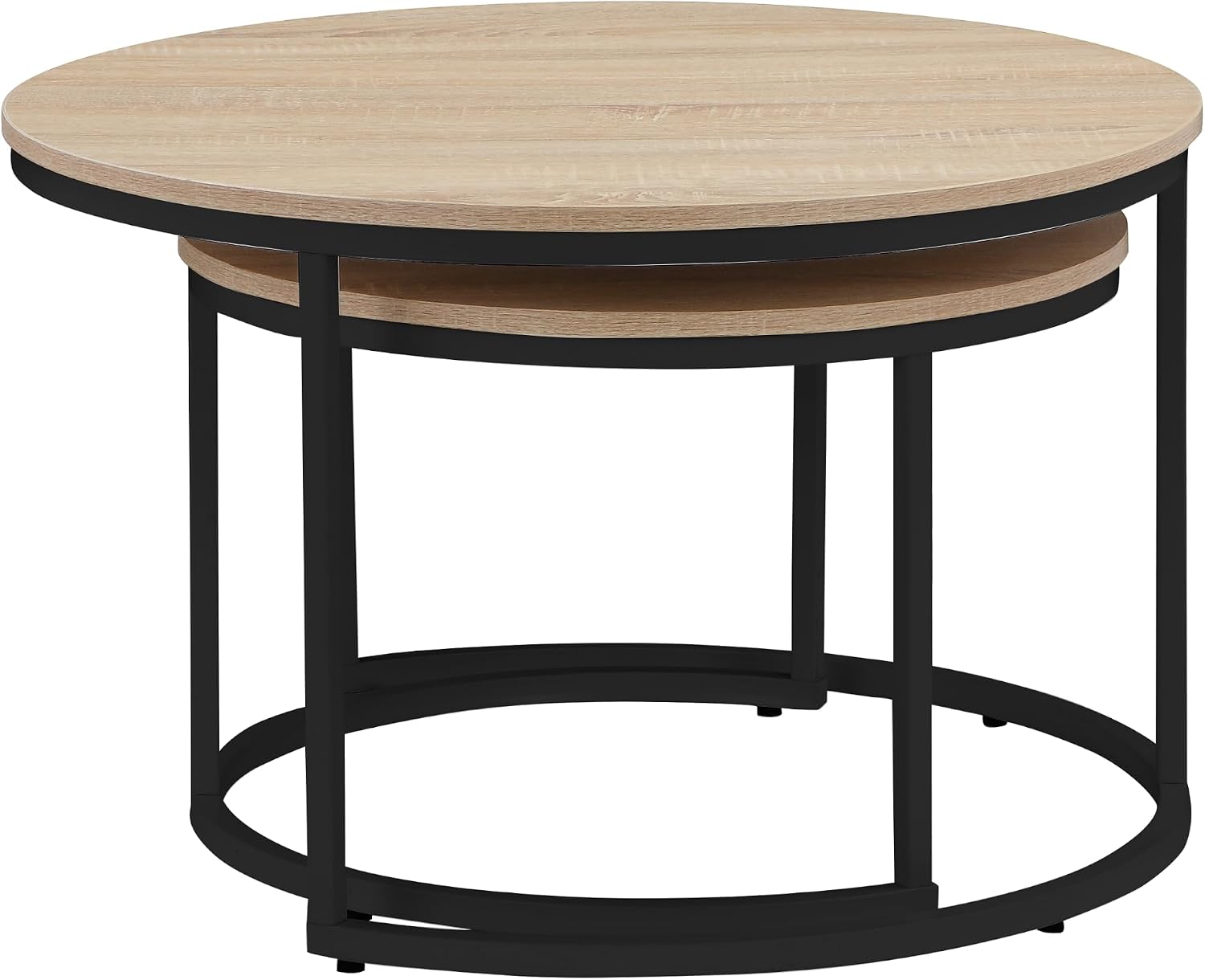 31.5 Inch Round Nesting Coffee Tables Set of 2, Oak‑Tone Stackable Side Tables with Sturdy Metal Legs, Space‑Saving Easy‑Assembly Accent Tables for Living Room