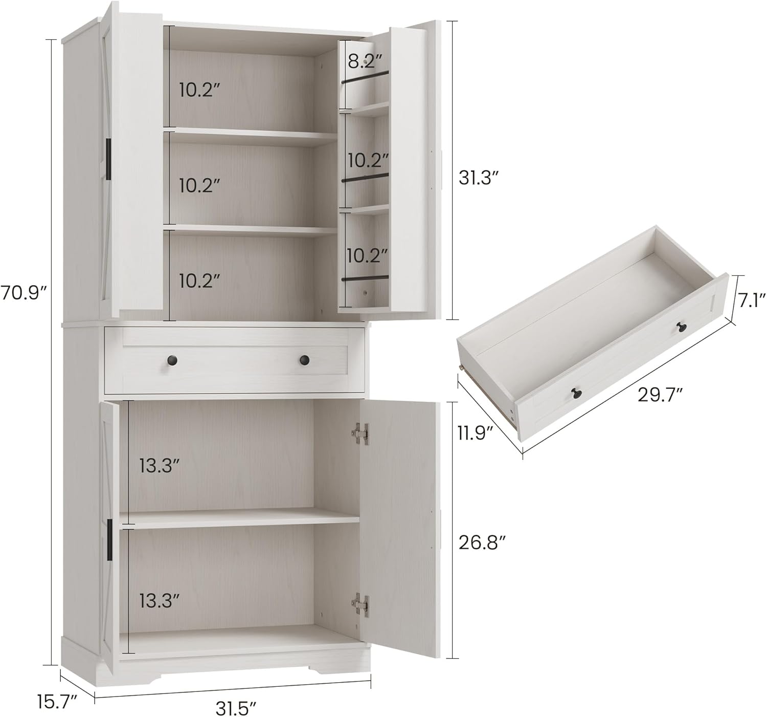 Garvee 71" Kitchen Pantry Cabinet, Barn Door Freestanding Cupboard with Drawer, Sliding Storage Rack, and 6 Hanging Shelves for Kitchen, Dining Room, Living Room Bedroom