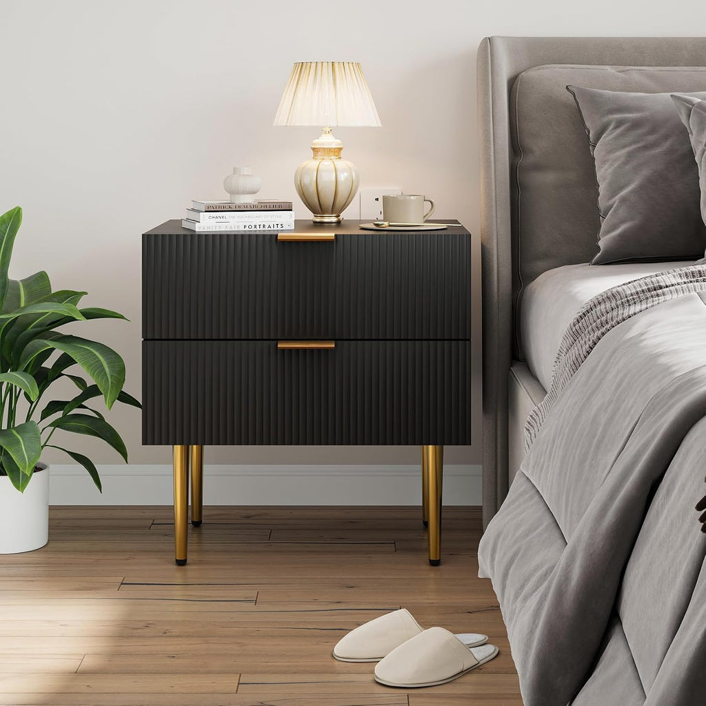 Modern Fluted Nightstand, Black Night Stand with Golden Handles and Metal Legs, Wooden Bedside Table with 2 Drawers for Bedroom Living Room