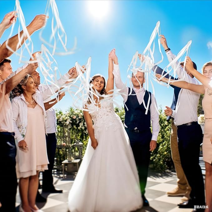 100 Pcs White Lace Ribbon Wedding Wands, Wedding Send Off Ribbon Streamers Party Streamer with Bells Silk Streamers for Party, Holiday, Bridal Shower, Anniversary Activities