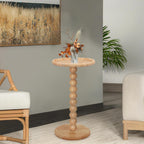 Drink Table, Boho Rattan Small Round Side Table for Small Spaces, Solid Wood Circle End Table for Living Room, Pedestal Table for Couch, Bedroom, Corners, Natural