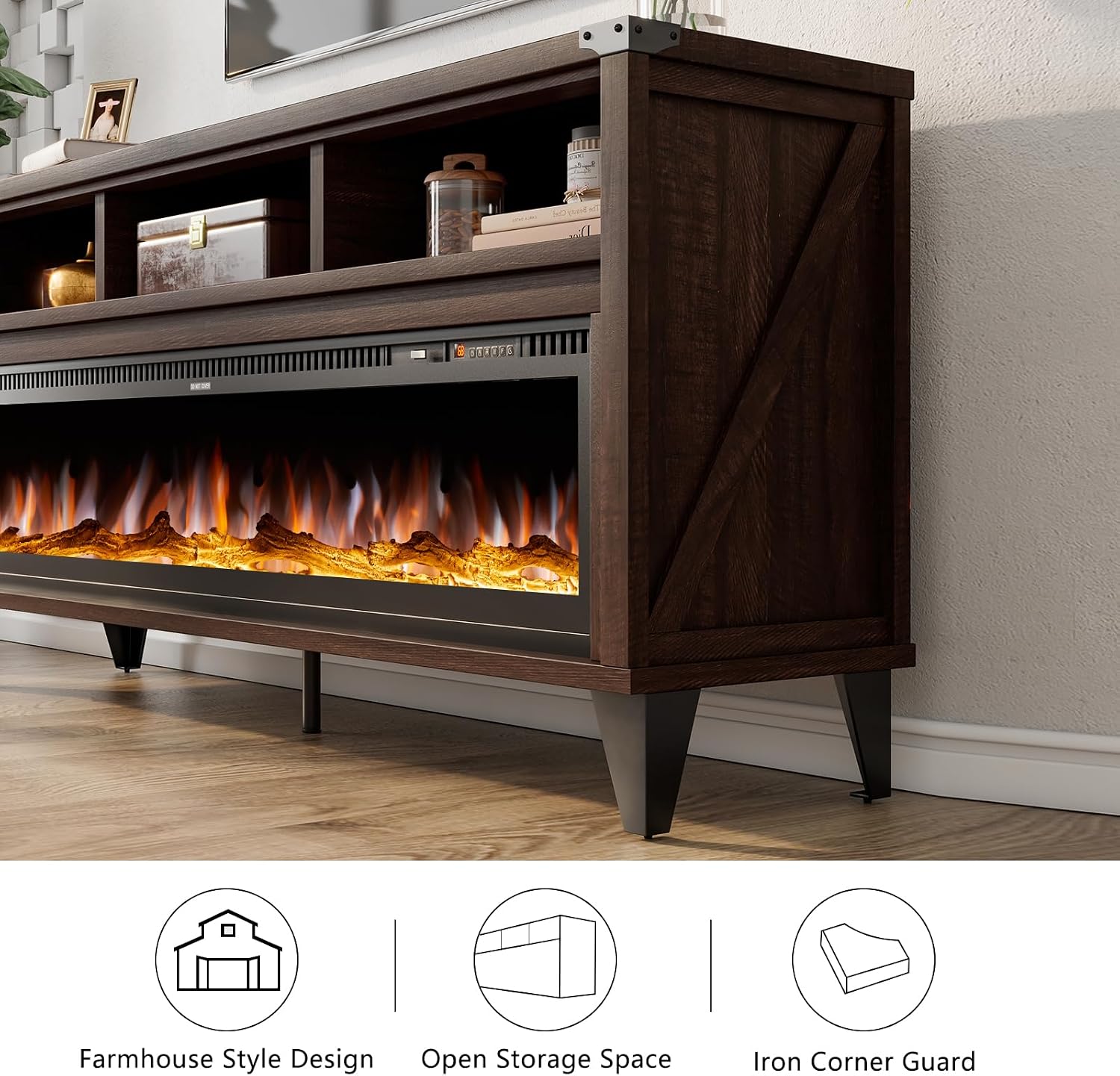 LUXOAK 65" Farmhouse TV Stand with 60" Electric Fireplace for TVs up to 75" | Espresso, Entertainment Center, Industrial TV Console, Tempered Glass Fireplace, TV Cabinet, Open Storage