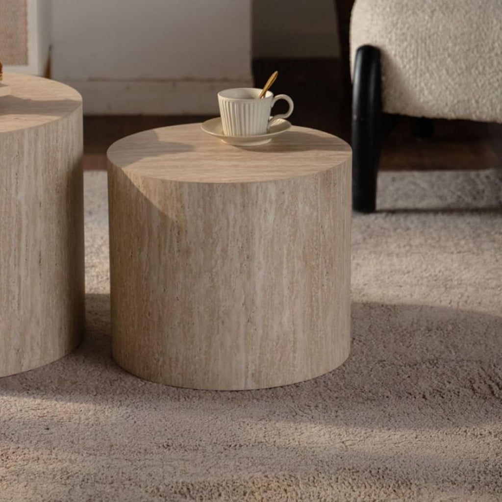 Retro Nesting Coffee Table Set of 2, 33.86" Round Wood Coffee Tables, Circle Modern Accent End Side Table for Small Space Living Room