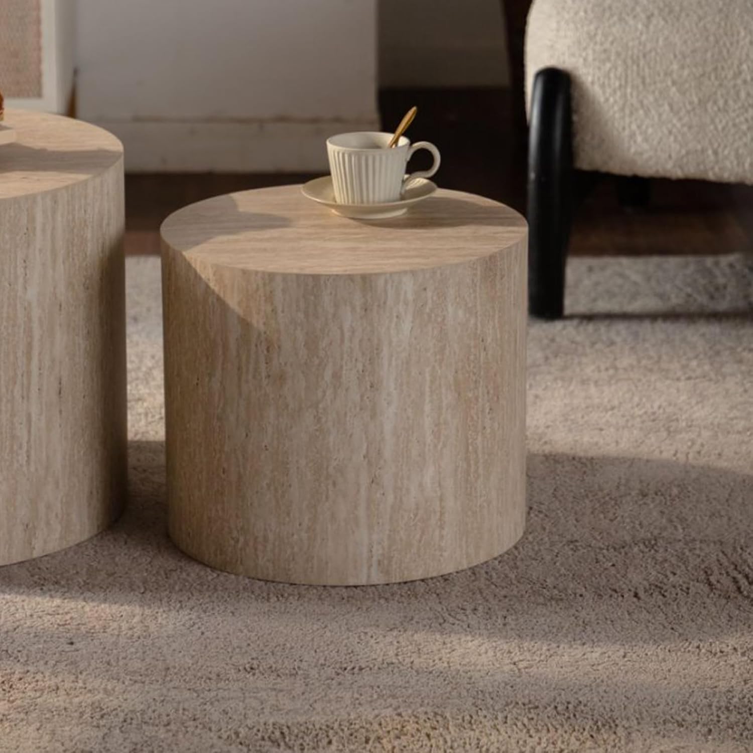 Retro Nesting Coffee Table Set of 2, 33.86" Round Wood Coffee Tables, Circle Modern Accent End Side Table for Small Space Living Room