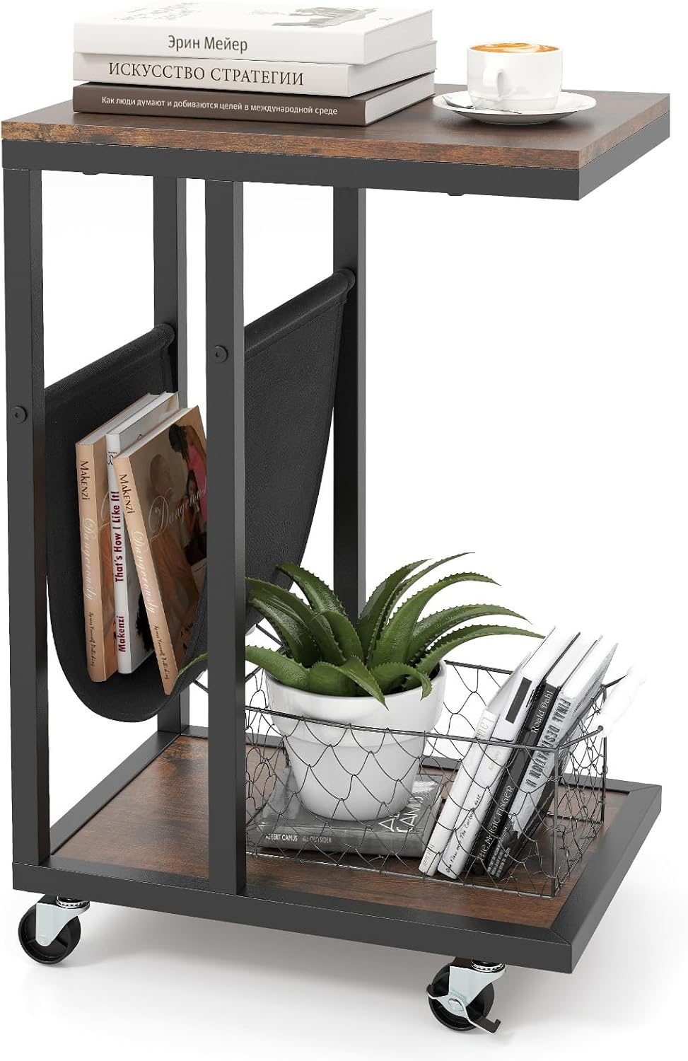 Giantex C Shaped End Table with Rolling Wheels, Sofa Side Table with Magazine Storage Holder & Metal Frame, Mobile TV Tray Table for Small Space Living Room, 16" L x 11" W x 23" H, Rustic Brown