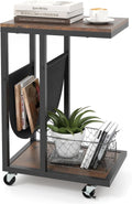 Giantex C Shaped End Table with Rolling Wheels, Sofa Side Table with Magazine Storage Holder & Metal Frame, Mobile TV Tray Table for Small Space Living Room, 16" L x 11" W x 23" H, Rustic Brown