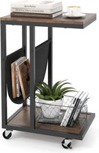 Giantex C Shaped End Table with Rolling Wheels, Sofa Side Table with Magazine Storage Holder & Metal Frame, Mobile TV Tray Table for Small Space Living Room, 16" L x 11" W x 23" H, Rustic Brown