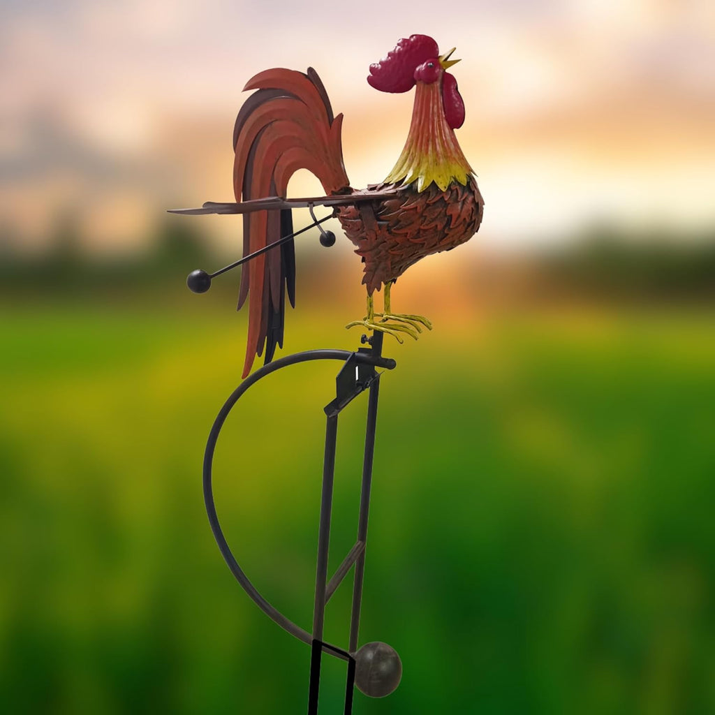Red Carpet Studios Garden Stake Metal Rocker Gardening Yard Art, 58.5 Inches Tall, Rooster Crowing