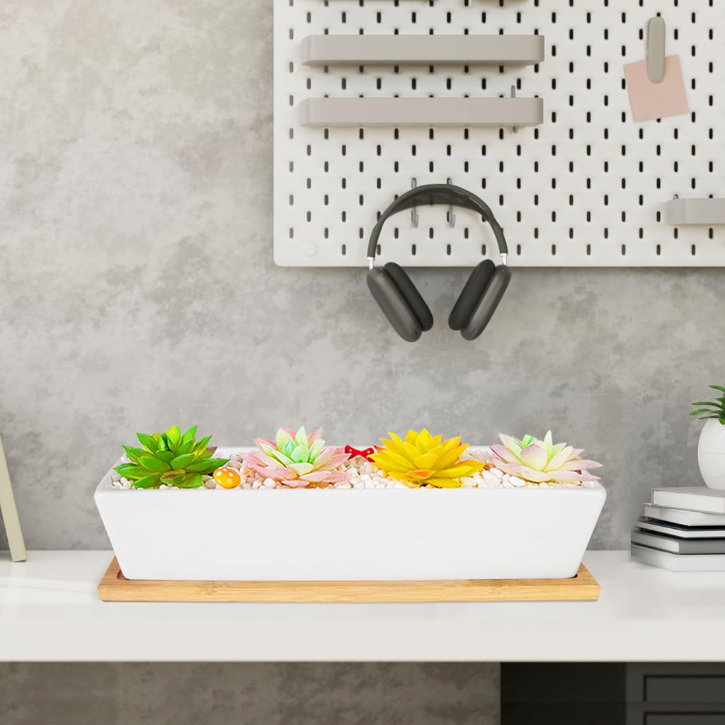Succulent Pots - 12.1 Inch Large Succulent Pots with Drainage Tray, Window Sill Planter, Long Rectangle Ceramic Pots for Indoor Cactus/Succulent Plants Shallow Bonsai Window Box for Home Garden Decor