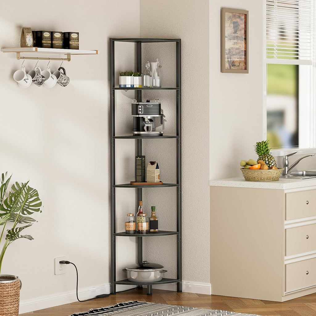 Furnulem 6 Tier Corner Shelf with LED Light, 67.5" Black Narrow Bookshelf | Tall Standing Shelf Organizer, Storage Rack for Wall Corner, Living Room, Bedroom, Metal Frame, Wood Display Shelf