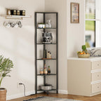 Furnulem 6 Tier Corner Shelf with LED Light, 67.5" Black Narrow Bookshelf | Tall Standing Shelf Organizer, Storage Rack for Wall Corner, Living Room, Bedroom, Metal Frame, Wood Display Shelf