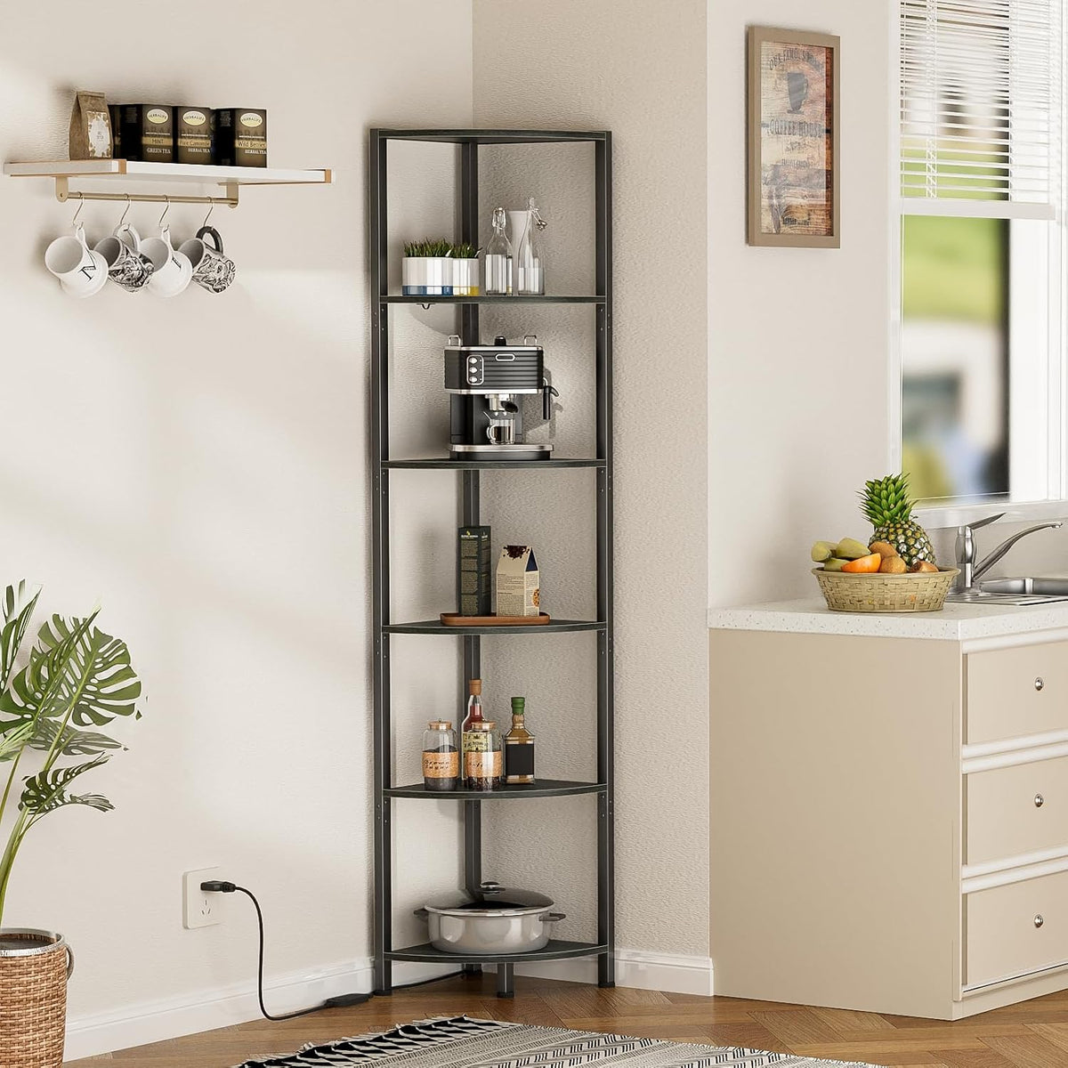 Furnulem 6 Tier Corner Shelf with LED Light, 67.5" Black Narrow Bookshelf | Tall Standing Shelf Organizer, Storage Rack for Wall Corner, Living Room, Bedroom, Metal Frame, Wood Display Shelf
