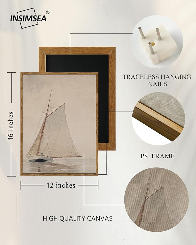 InSimSea Framed Wall Art for Living Room Coastal Wall Decor White Sailboat Seascape Watercolor Vintage Painting Beach Home Decor Boho Wall Pictures Farmhouse Art Prints Bathroom Office 12x16in