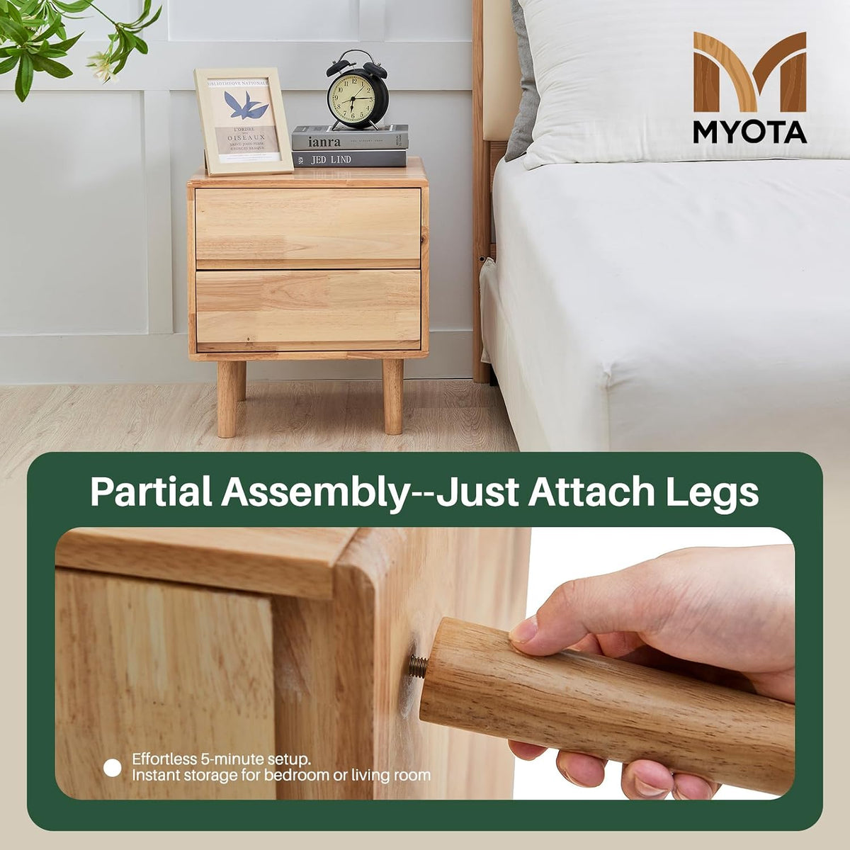 Modern Natural Wooden Nightstand with Drawers - Solid Wood Night Stand 2 Drawer Mid Century Small Narrow Bedside Side End Table with Storage for Living Room Bedroom, 15.7" D x 17.1" W x 19.6" H