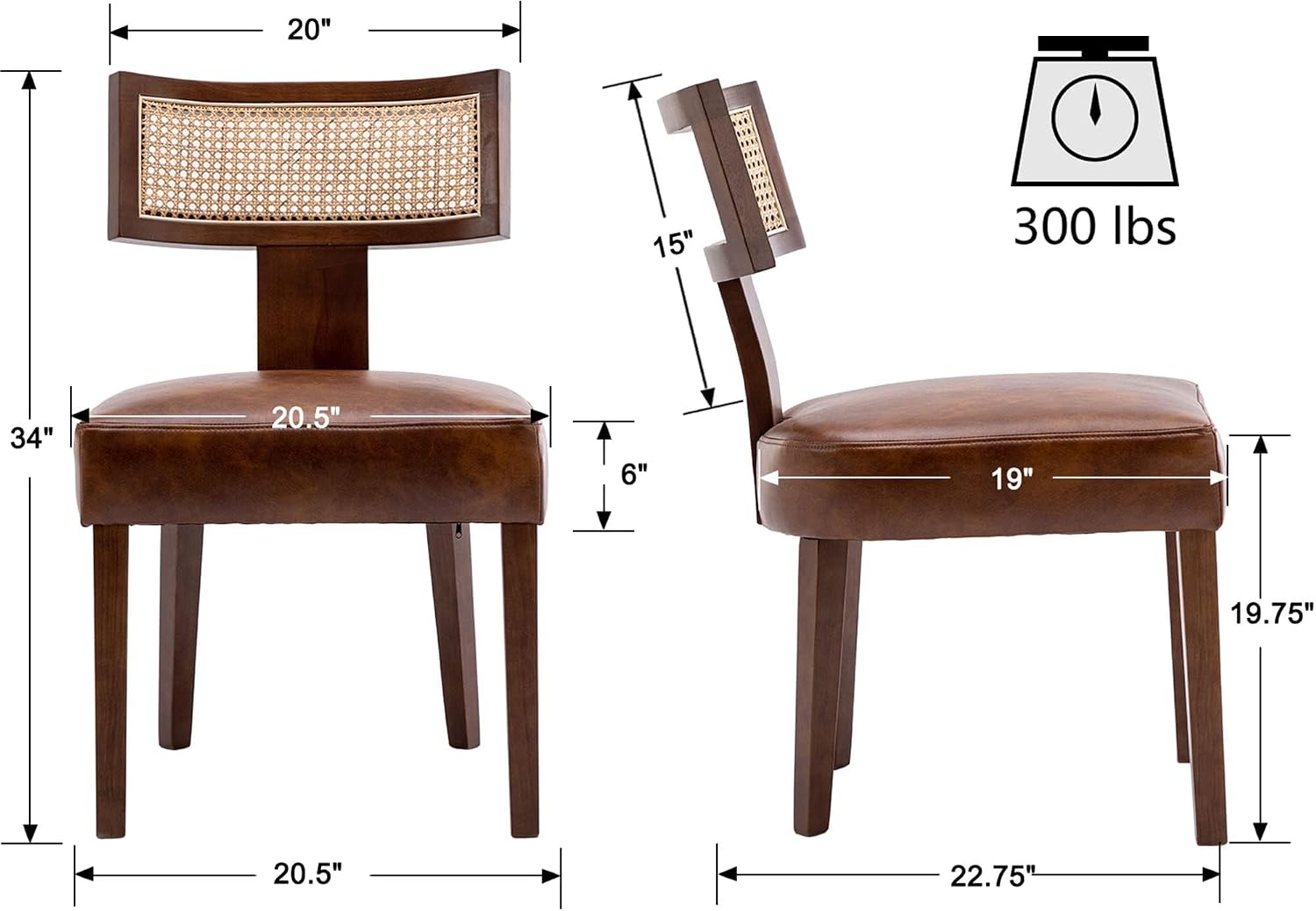 VESCASA Mid Century Modern Rattan Dining Chairs Set of 6, Upholstered Leather Dining Room Chairs with Cane Back, Walnut Wood Legs, Kitchen Accent Chairs for Apartment, Farmhouse & Modern Home, Brown