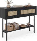Giantex Rattan Console Table with Storage, 40" Boho Entryway Table w/ 2 Flip Door Cabinets & Shelf, Metal Frame, 2 Anti-Tipping Kits, Narrow Long Behind Couch Sofa Table for Entrance Hallway, Black