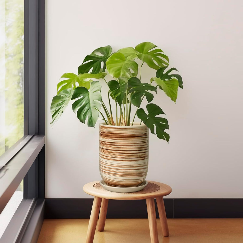 8 Inch Plant Pot, Ceramic Planter for Outdoor Plants, Large Plant Pot Indoor with Drainage Hole and Saucer, Modern Flower Pot for Home Garden Decor Yellow