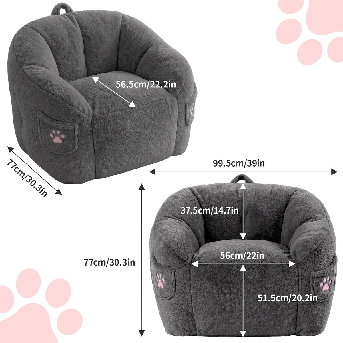 Vipbear Cat Paw Bean Bag Chair, Oversized Air-Cushion Sofa Chair Dark Gray | 39", air-cushion filling, cat paw Pocket, carry handle, oversized firm support, ergonomic, plush faux fur, gaming, reading