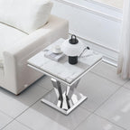 Faux Marble End Table, 23" Square White End Table with Faux Faux Marble Tabletop, Modern Sofa Side Table with Silver Stainless Steel Base & Mirrored Finish for Office Living Room