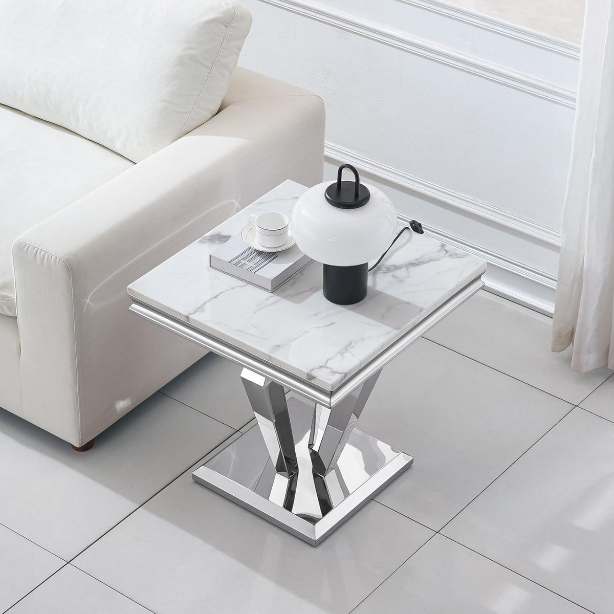Faux Marble End Table, 23" Square White End Table with Faux Faux Marble Tabletop, Modern Sofa Side Table with Silver Stainless Steel Base & Mirrored Finish for Office Living Room