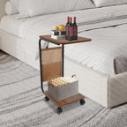 Rolling Side Table, C Shaped Side Table Wooden Couch Side Table with Wheels&Mobile Storage Basket Modern Couch Tables That Slide Under for Living Room Bedroom (Black Stand + Brown Desktop)
