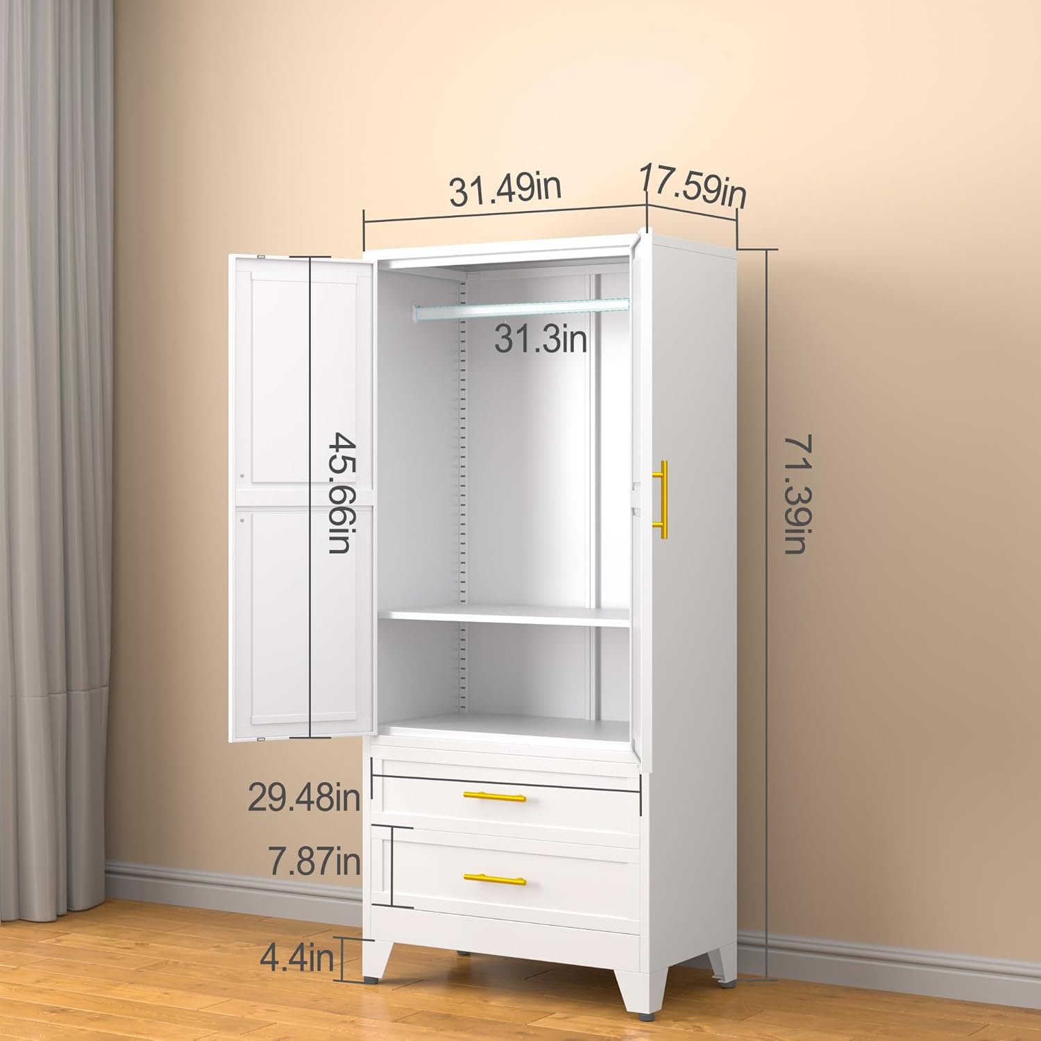 erosoei Metal Armoire Wardrobe Closet, 71 "Metal Clothing Storage Cabinet | with Adjustable Shelves and Hanging Rod, Household Steel Wardrobe Storage Cabinet with Drawers (armoire-white)