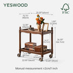 YESWOOD Vintage Walnut Side Table with Lockable Wheels, 2‑Tier Rolling End Table Nightstand for Small Space Living Room Bedroom(Walnut, 27.9" D x 18.47" W x 25.15" H)