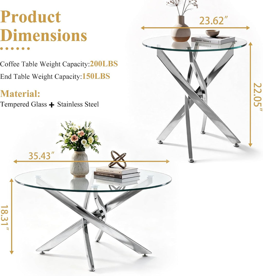 Round Glass Coffee Table Set 3-Piece, Silver Stainless Steel Frame | 35.4" Coffee Table + Two 23.6" End Tables Space-Saving Set for Living Room, Office, Reception