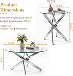Round Glass Coffee Table Set 3-Piece, Silver Stainless Steel Frame | 35.4" Coffee Table + Two 23.6" End Tables Space-Saving Set for Living Room, Office, Reception