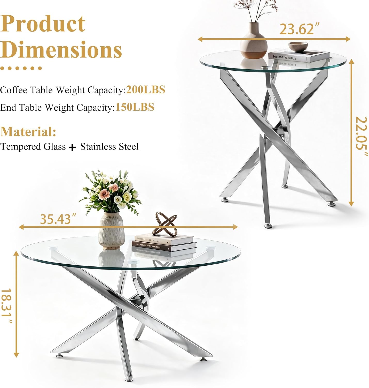 Round Glass Coffee Table Set 3-Piece, Silver Stainless Steel Frame | 35.4" Coffee Table + Two 23.6" End Tables Space-Saving Set for Living Room, Office, Reception