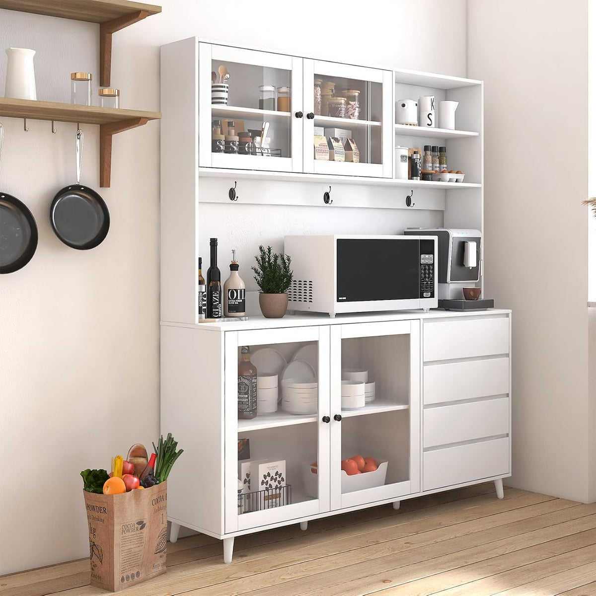 74.8" Tall Kitchen Pantry Storage Cabinet, Modern Food Pantry Cabinet with Microwave Stand Wooden Kitchen Hutch Cabinet with 4 Doors, 4 Drawers and 3 Hooks for Dining Room, White