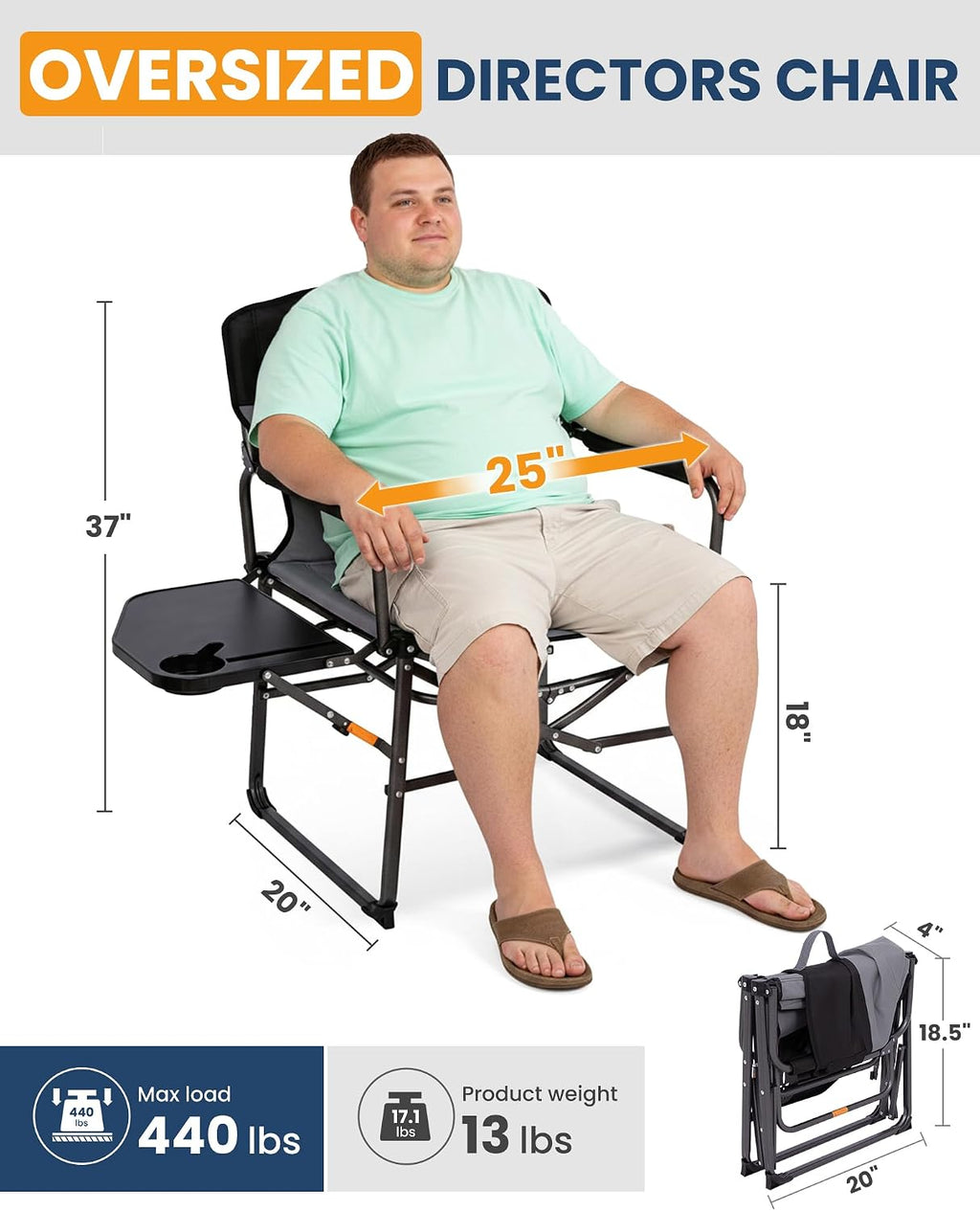 KingCamp Oversized Camping Directors Chair for Big & Tall Heavy Duty 440lbs | Folding Chair with Side Table, Padded Camp Chair Wide Seat，Anti-Sag Fabric, 50% flat fold for Outdoor Sport Lawn Fishing RV