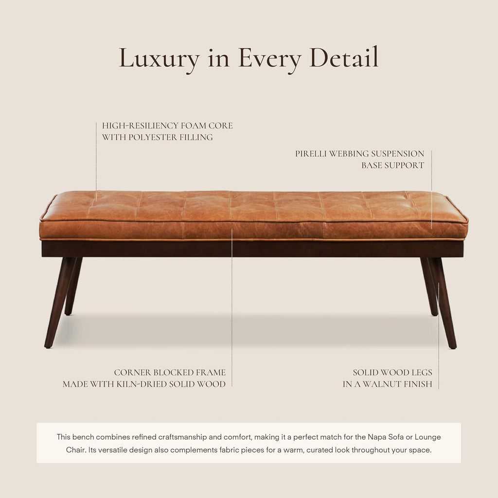 Poly & BARK 55" Tufted Leather Bed Bench for Bedroom End of Bed - Living Room Entry Way Bench - Pure Italian Leather Upholstery with a Solid Wood Frame - Ottoman Bench with Wooden Legs - Cognac Tan