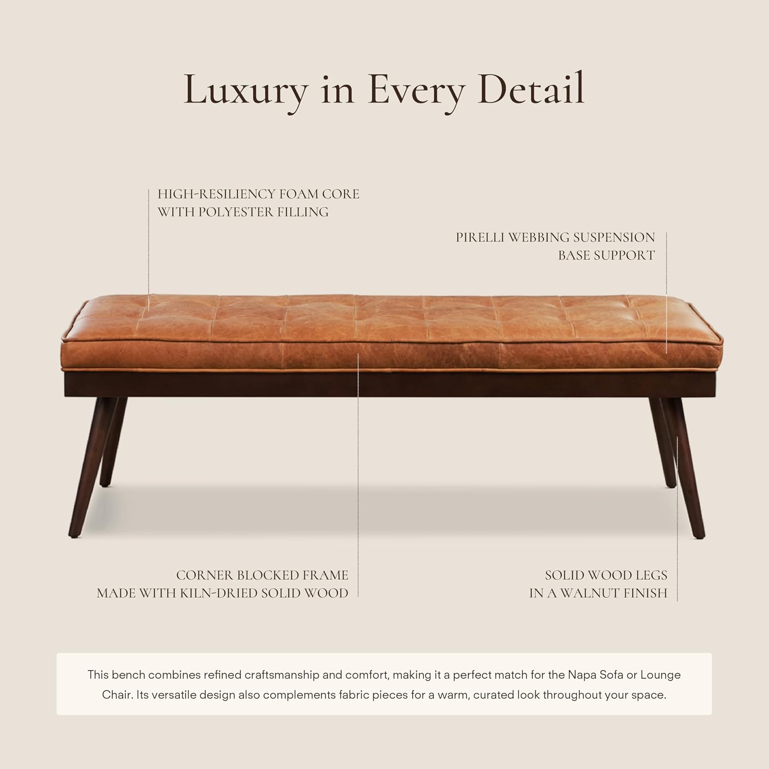 Poly & BARK 55" Tufted Leather Bed Bench for Bedroom End of Bed - Living Room Entry Way Bench - Pure Italian Leather Upholstery with a Solid Wood Frame - Ottoman Bench with Wooden Legs - Cognac Tan