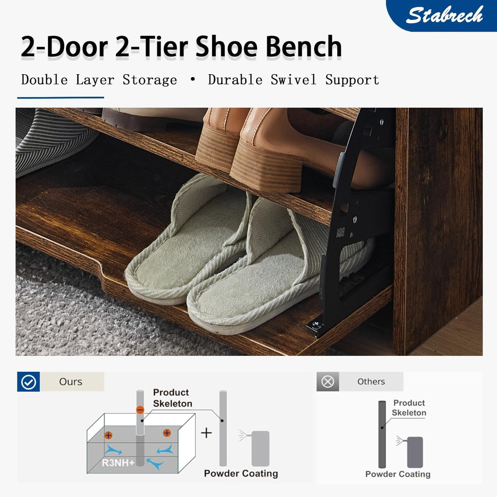 Brown Shoe Storage Bench with 2 Flip Drawers, Entryway Bench with Removable Seat Cushion, 2-Tier Shoe Cabinet for Entryway, Hallway, Bedroom