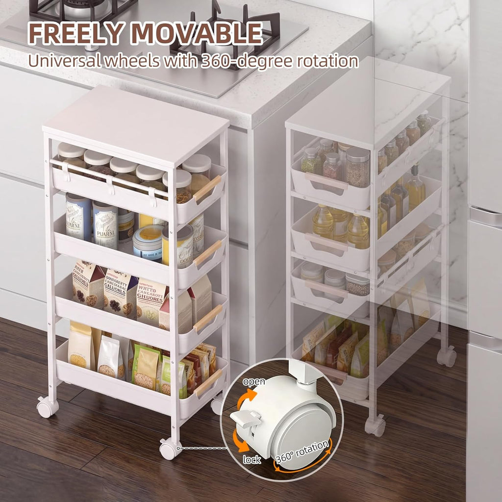 5 Tier Slim Rolling Storage Cart with Pull-Out Drawers,Narrow Utility Organizer Cart with Wooden Top & Wheels for Small Spaces Kitchen Bathroom Laundry Room (White)