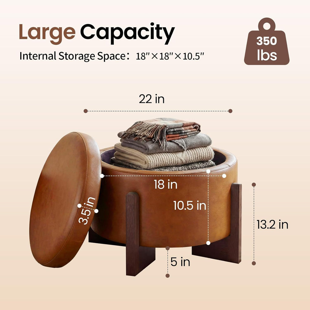 Leather Ottoman with Storage and Ash Wood Legs, Modern Foot Stool，Round Storage Ottoman Coffee Table for Living Room,Bedroom (Light Brown)