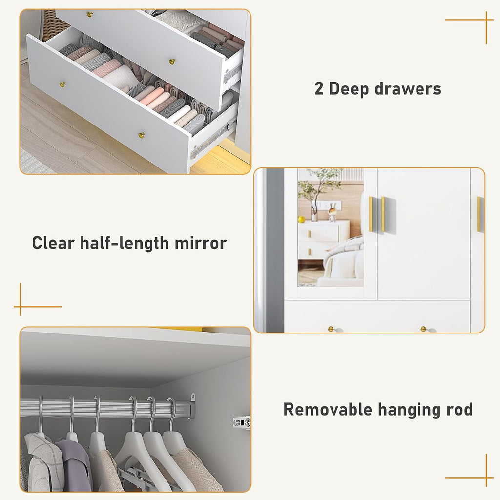 chartustriable 3 Doors Armoire Wardrobe Closet with Mirror, LED Armoire with Doors and Drawers, Wooden Wardrobe Storage Cabinet with Hanging Rod, Adjustable Shelves, White