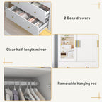 chartustriable 3 Doors Armoire Wardrobe Closet with Mirror, LED Armoire with Doors and Drawers, Wooden Wardrobe Storage Cabinet with Hanging Rod, Adjustable Shelves, White