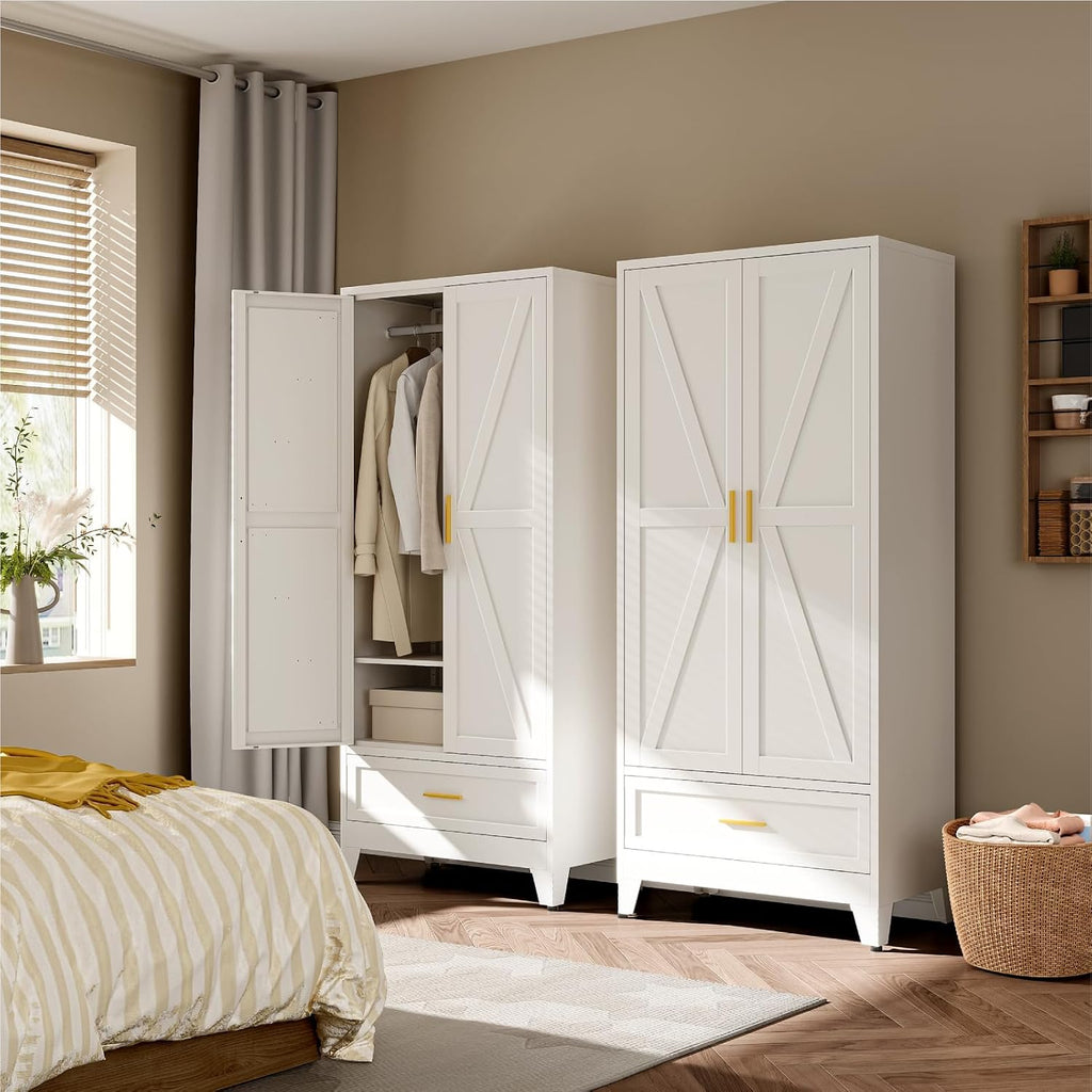 Metal Wardrobe Closet Hanging Rod 71" Tall, Heavy Duty Steel Armoire Wardrobe Cabinet, Clothing Storage Cabinet for Bedroom, Office, Laundry Room, 1 Drawer, White