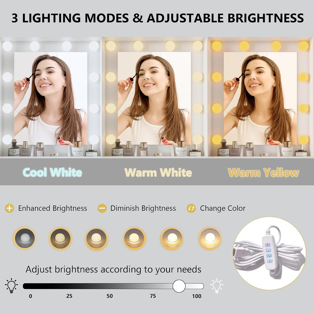 Xixini 44" Vanity Desk with Mirror & Lights, Glass Storage Cabinets, White | Makeup Table Set with Charging Station, RGB Light Strip, 7 Drawers & Open Shelf, 3 Light Modes & Dimmable for Women & Girls