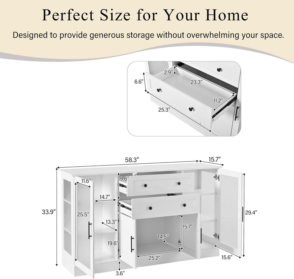 58.3" Modern Buffet Sideboard with 4 Doors & 2 Drawers, Modern Buffet Cabinet with Storage Adjustable Shelves, Power Outlet, Acrylic Panels, Storage for Dining Room, Living Room and Kitchen (White)